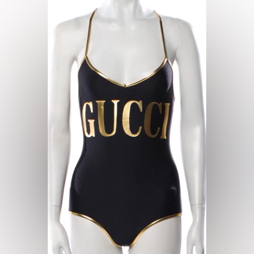 GUCCI GRAPHIC PRINT LEATHER TRIM SWIMSUIT SZ MEDIUM